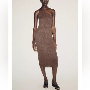 Zara NWT Brown One-Shoulder Midi Dress
